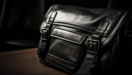 Fashionable leather backpack with shiny metal buckle for outdoor adventure generated by artificial intelligenceの素材