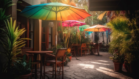 Outdoor table illuminated by lanterns, surrounded by nature and architecture generated by artificial intelligenceの素材