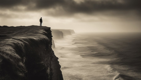 One person standing on cliff, gazing at majestic seascape generated by artificial intelligenceの素材