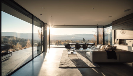 Modern luxury apartment with panoramic cityscape view through glass window generated by artificial intelligenceの素材