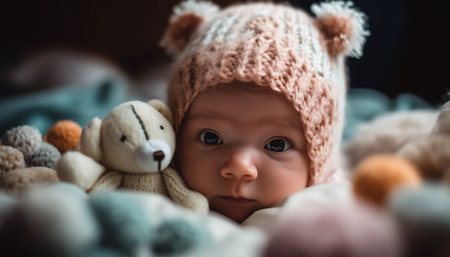 Smiling baby boy in warm knit hat plays with teddy bear generated by artificial intelligenceの素材