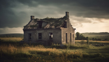 Spooky old ruin, weathered and run down, abandoned in rural landscape generated by artificial intelligenceの素材
