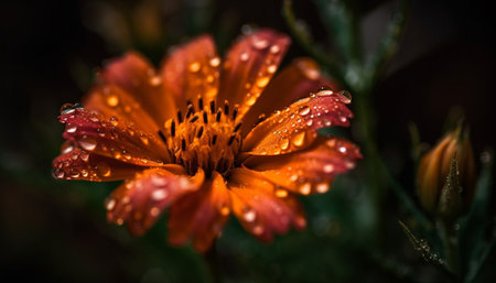 Vibrant gerbera daisy blossom, dew drop, wet with rain generated by artificial intelligenceの素材