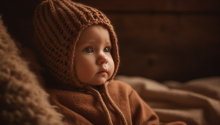Cute Caucasian baby boy looking at camera with joyful expression generated by artificial intelligenceの素材