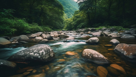 Tranquil scene of flowing water in tropical rainforest wilderness area generated by artificial intelligenceの素材