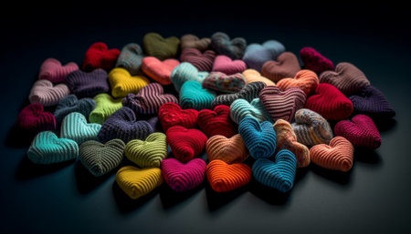 Heart shaped wool decoration in vibrant multi colored abstract pattern generated by artificial intelligenceの素材