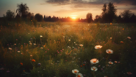 Vibrant wildflowers bloom in tranquil meadow at sunrise, idyllic scene generated by artificial intelligenceの素材