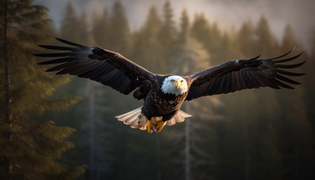 Majestic bald eagle spreads wings in mid air, soaring with freedom generated by artificial intelligenceの素材