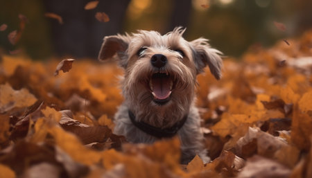Cute terrier puppy playing in autumn forest, pure joy captured generated by artificial intelligenceの素材