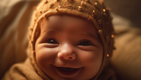 Smiling baby boy in warm cap brings joy to family generated by artificial intelligenceの素材