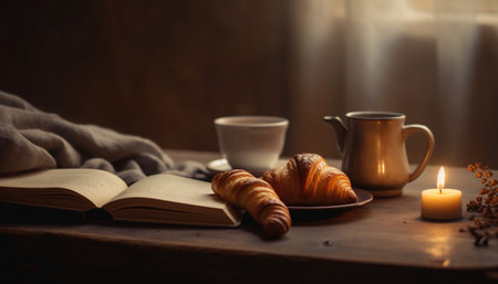 Rustic coffee cup on wooden table with croissant and book generated by artificial intelligenceの素材