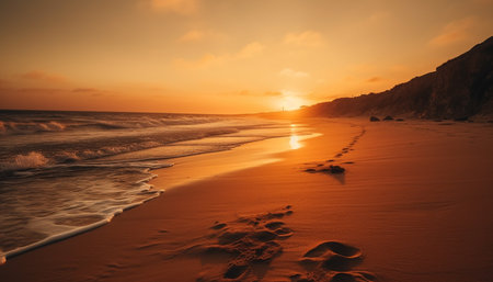 Golden horizon over tranquil waters, a tropical paradise awaits generated by artificial intelligenceの素材