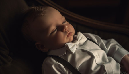 Cute Caucasian toddler sleeping peacefully in comfortable bedroom at night generated by artificial intelligenceの素材