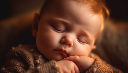 Sleeping newborn boy, innocence and softness in tranquil family home generated by artificial intelligenceの素材