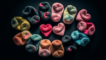 Multi colored wool heart shaped crochet gift, perfect for winter romance generated by artificial intelligenceの素材