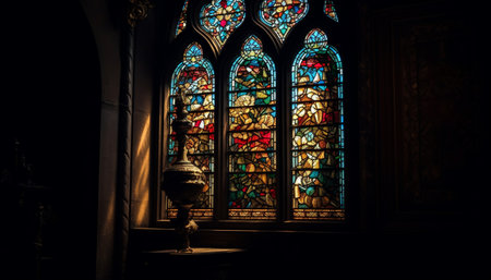 Gothic architecture illuminates spirituality through stained glass and ornate altars generated by artificial intelligenceの素材