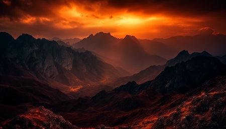 Majestic mountain range, tranquil sunset, panoramic beauty in nature generated by artificial intelligenceの素材