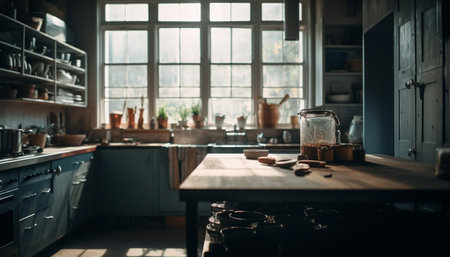 Rustic kitchen with modern appliances and old fashioned coffee maker generated by artificial intelligenceの素材