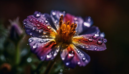 Vibrant wildflower growth in autumn meadow, dewdrop reflects fragility generated by artificial intelligenceの素材