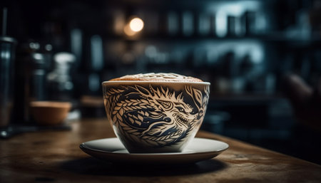 Frothy coffee cup on rustic wood table, perfect caffeine fix generated by artificial intelligenceの素材