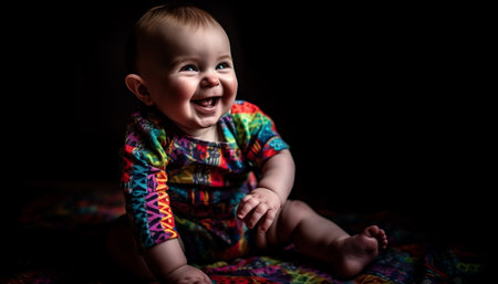 Smiling baby boy sitting, looking at camera, on black background generated by artificial intelligenceの素材