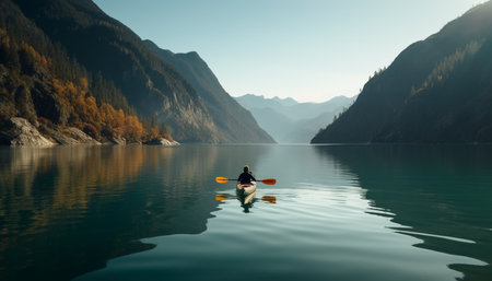 Solitude in nature kayaking, hiking, and relaxation in Alberta mountains generated by artificial intelligenceの素材