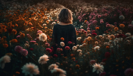 A young woman enjoys the beauty of nature in a meadow generated by artificial intelligenceの素材