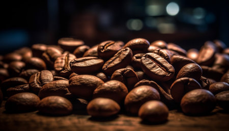 Fresh coffee bean heap on wooden table in coffee shop generated by artificial intelligenceの素材