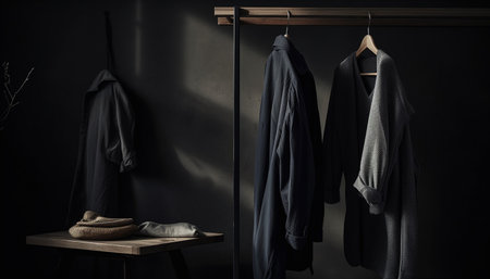 Fashionable clothing collection hanging in modern domestic closet, no people generated by artificial intelligenceの素材