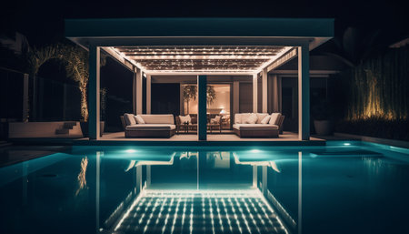 Modern luxury apartment with comfortable blue sofa and illuminated laptop generated by artificial intelligenceの素材