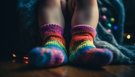 Cute woolen socks keep feet warm on cozy winter nights generated by artificial intelligenceの素材