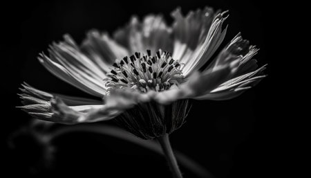 Monochrome daisy head on black background, beauty in nature generated by artificial intelligenceの素材