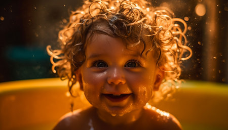 Smiling Caucasian toddler enjoying summer, splashing in bathtub water generated by artificial intelligenceの素材