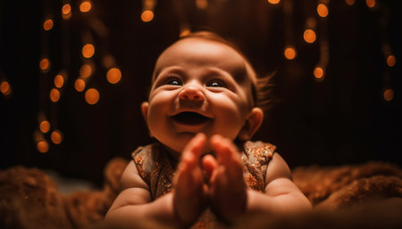 Cute Caucasian toddler smiling, illuminated by Christmas lights indoors at night generated by artificial intelligenceの素材