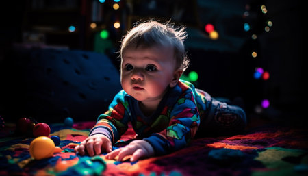 Cute baby boy playing with multi colored toy ball indoors generated by artificial intelligenceの素材