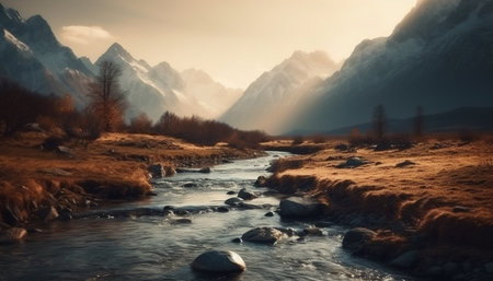 Tranquil scene of mountain range at sunset, beauty in nature generated by artificial intelligenceの素材