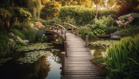 Tranquil scene of a pond in a public park surrounded by greenery generated by artificial intelligenceの素材