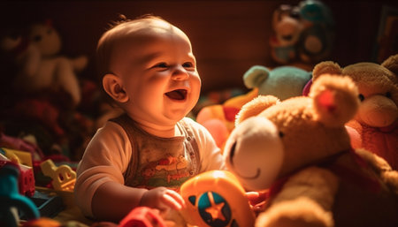 Cute baby girl playing with soft teddy bear, full of joy generated by artificial intelligenceの素材