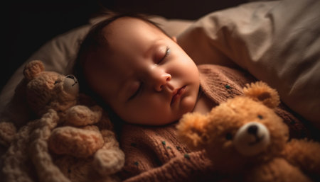 Serene baby boy sleeping with teddy bear in comfortable blanket generated by artificial intelligenceの素材