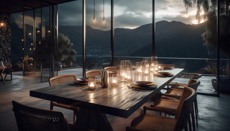 Luxury modern chair by window, overlooking tranquil mountain scenery at dusk generated by artificial intelligenceの素材
