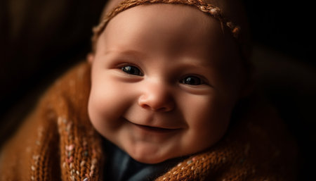 Cute smiling child portrait radiates happiness and innocence, looking at camera generated by artificial intelligenceの素材