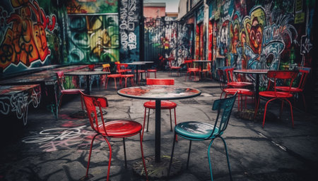 Modern city bar with colorful stools and graffiti wall art generated by artificial intelligenceの素材