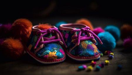 Multi colored wool baby booties, cute decoration for newborn celebration generated by artificial intelligenceの素材