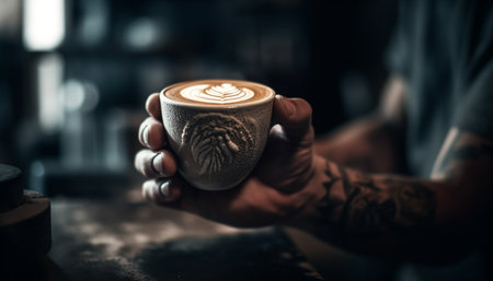 Hand holding frothy coffee, barista working in coffee shop workshop generated by artificial intelligenceの素材