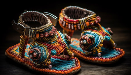 Indigenous elegance Ornate embroidery on multi colored leather shoe strap generated by artificial intelligenceの素材