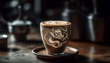 Hot frothy coffee drinks on elegant wooden table in cafe generated by artificial intelligenceの素材