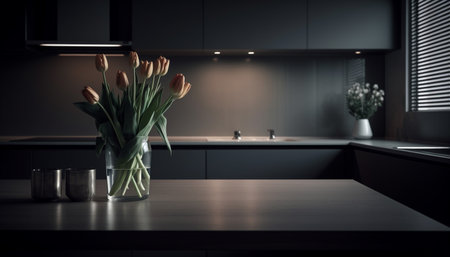 Modern kitchen design with elegant vase, tulip, and fresh flowers generated by artificial intelligenceの素材