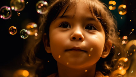 Cute girl smiling at Christmas tree with illuminated decorations indoors generated by artificial intelligenceの素材