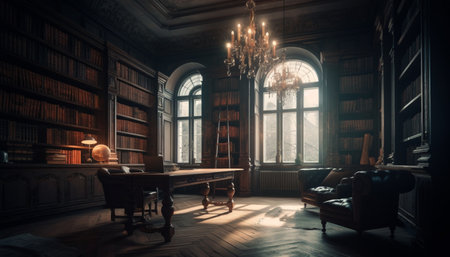 Modern luxury apartment with old fashioned elegance, illuminated by chandelier generated by artificial intelligenceの素材