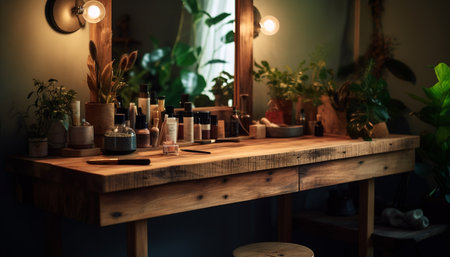 Modern rustic decoration Wood shelf, plant vase, old fashioned chair generated by artificial intelligenceの素材